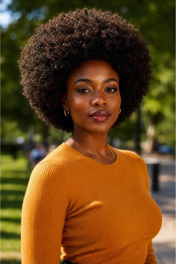 Black woman with a rounded curly afro featuring a perfectly balanced symmetrical silhouette and defined coils