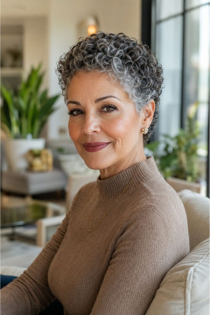Mature woman with a salt and pepper curly crop featuring natural grey and dark two-toned curl definition