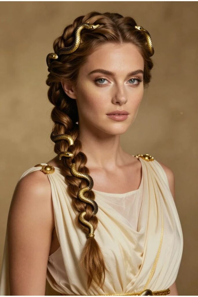 Woman with serpentine crown braids featuring gold snake clips wrapped elegantly around the head