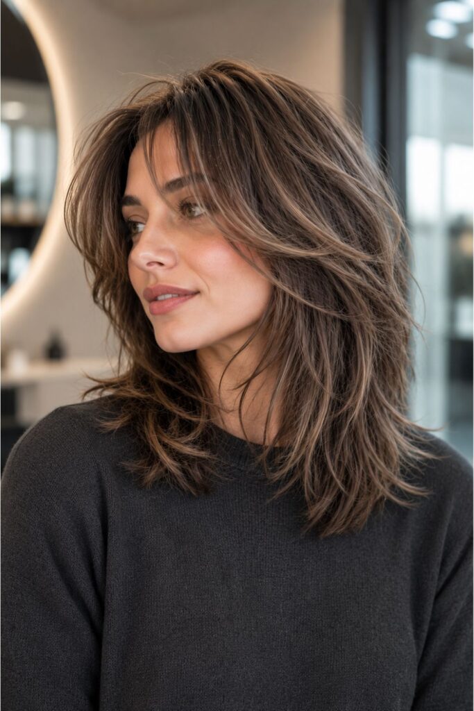 Woman with a shag inspired kitty cut featuring textured shoulder-length ash brown layers, soft curtain pieces, and feathered movement.