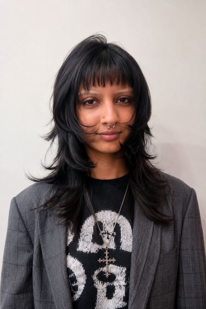 Woman with a shag haircut featuring short micro bangs, choppy layers, and feathered ends.
