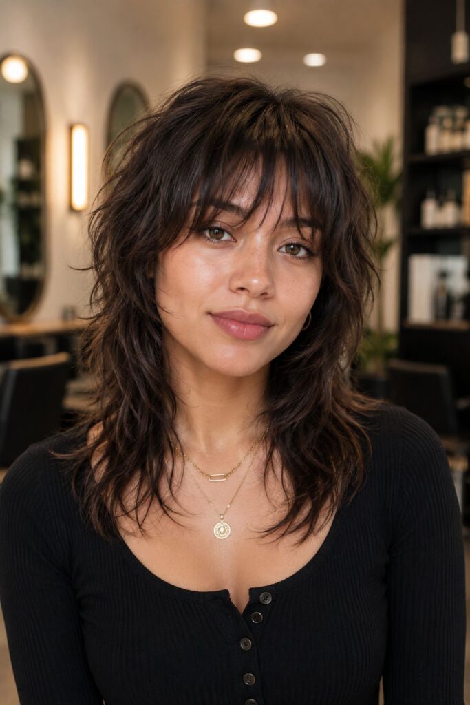 Woman with a shag haircut featuring wispy bangs, textured layers, and soft face-framing pieces.