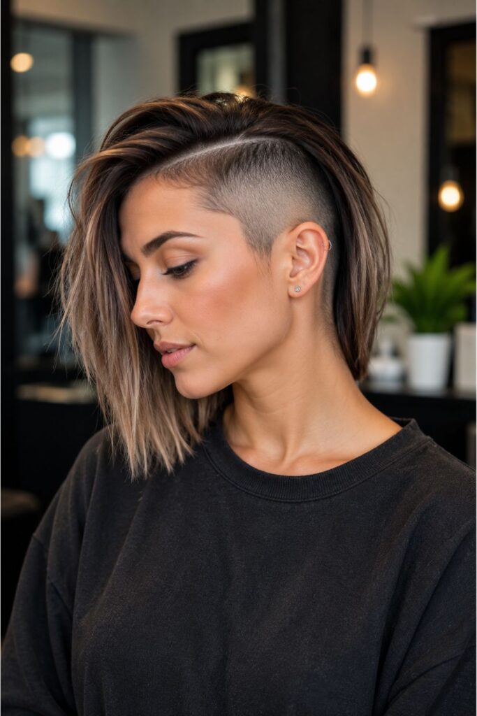 Woman with a shaved temple undercut hairstyle featuring shoulder-length hair and a closely shaved side section