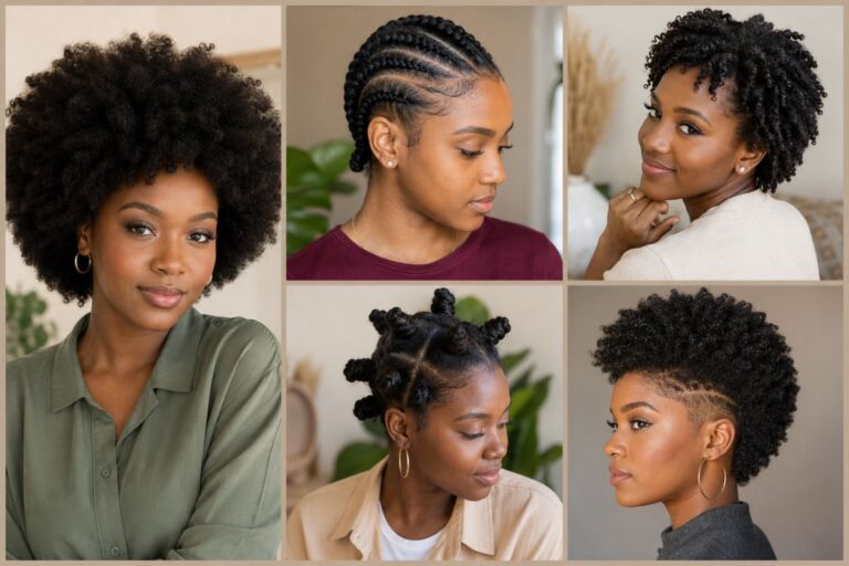 Collage of women showing different short 4C natural hairstyles including afros, twists, and braids