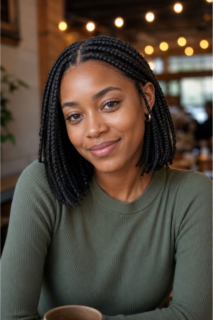 Woman with a short box braided bob featuring chin-length braids, clean part, and natural shine