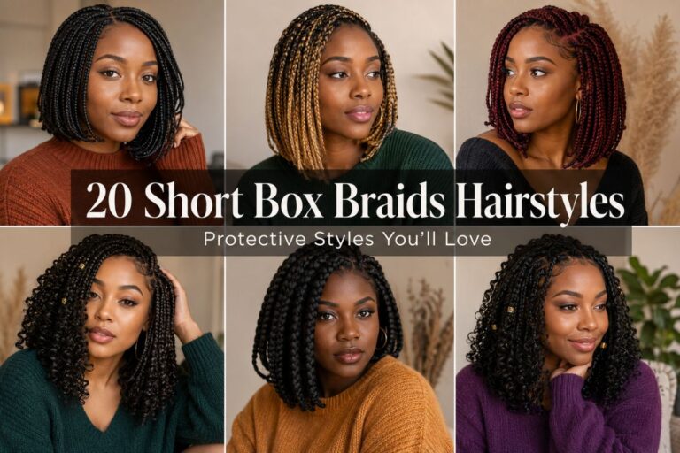 Featured image showing 20 short box braids hairstyles for Black women including classic blonde ombre burgundy and French curl styles