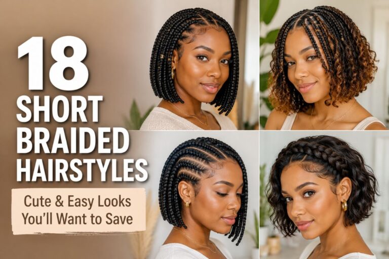 18 short braided hairstyles featuring box braids, knotless braids, cornrow bob, and braided crown styles for women