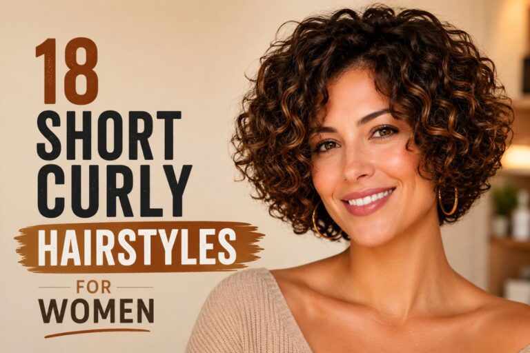 Woman with a modern short curly hairstyle featuring a layered curly bob with natural volume and defined curls