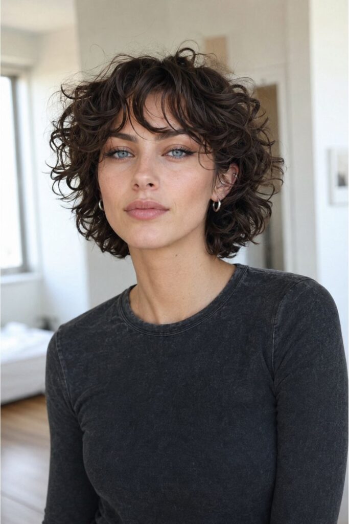 Woman with a short curly shag featuring choppy layers and natural curls with effortless tousled volume