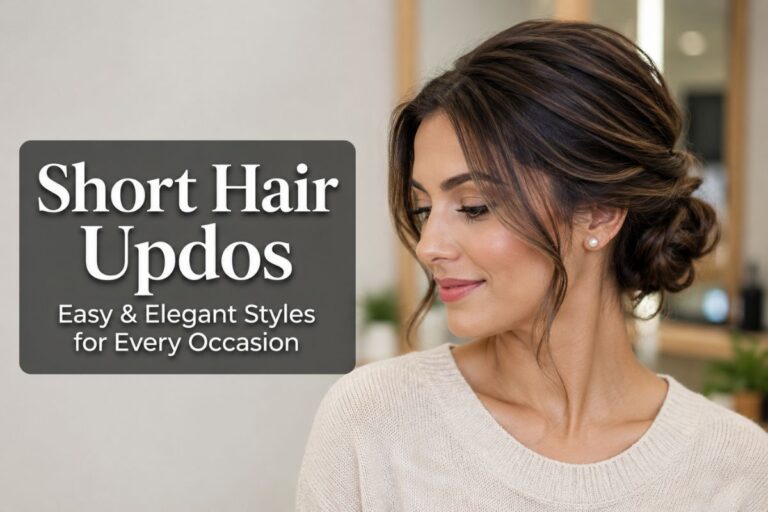 Woman with a stylish low twisted short hair updo wearing an elegant outfit, showing an easy and elegant hairstyle for weddings, parties, and everyday wear.