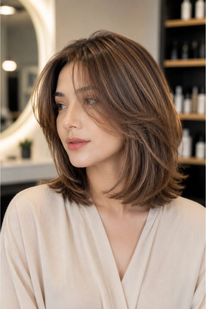 Woman with a short kitty cut featuring light brown chin-length layers, soft face-framing pieces, and natural volume in a chic salon style.