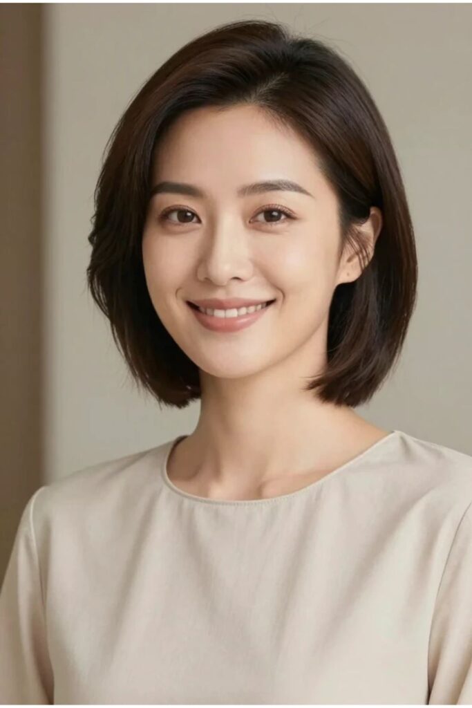 Woman with a short octopus haircut featuring layered crown volume sitting at neck length