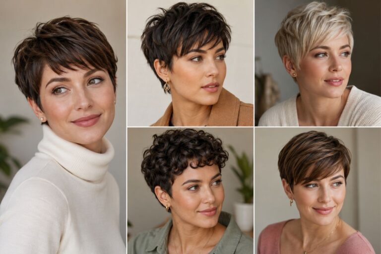 Collage of women showing different short pixie cut hairstyles including classic, textured, and curly styles