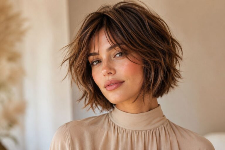 Woman with a textured short shaggy bob hairstyle featuring soft layers and tousled waves.