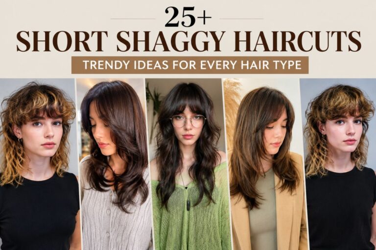 Collage of trendy short shaggy haircuts featuring layered bobs, pixie shags, curtain bangs, and textured modern styles.