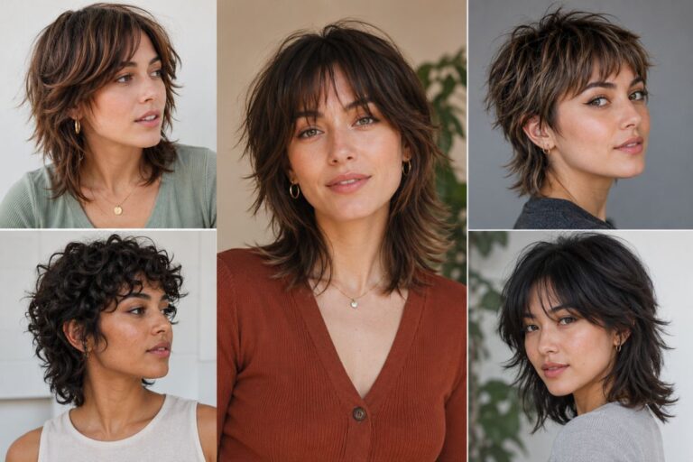 Collage of women showing different short wolf cut hairstyles with layers, bangs, and texture
