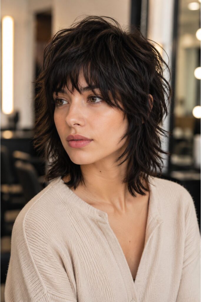 Woman with a short wolf shag haircut featuring choppy layers, textured volume, and wispy bangs.