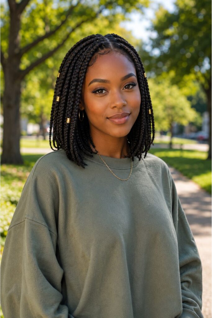 Black woman with shoulder-length box braids featuring neat square-parted braids with gold cuff details