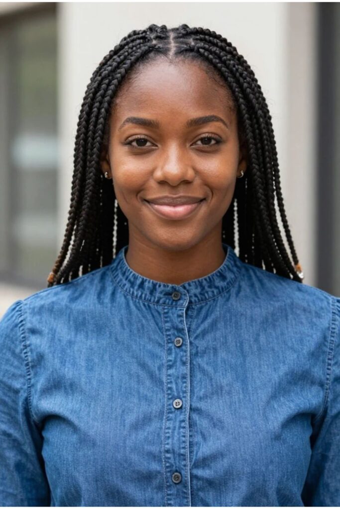 Woman with shoulder-length Fulani braids featuring a lightweight, practical everyday finish