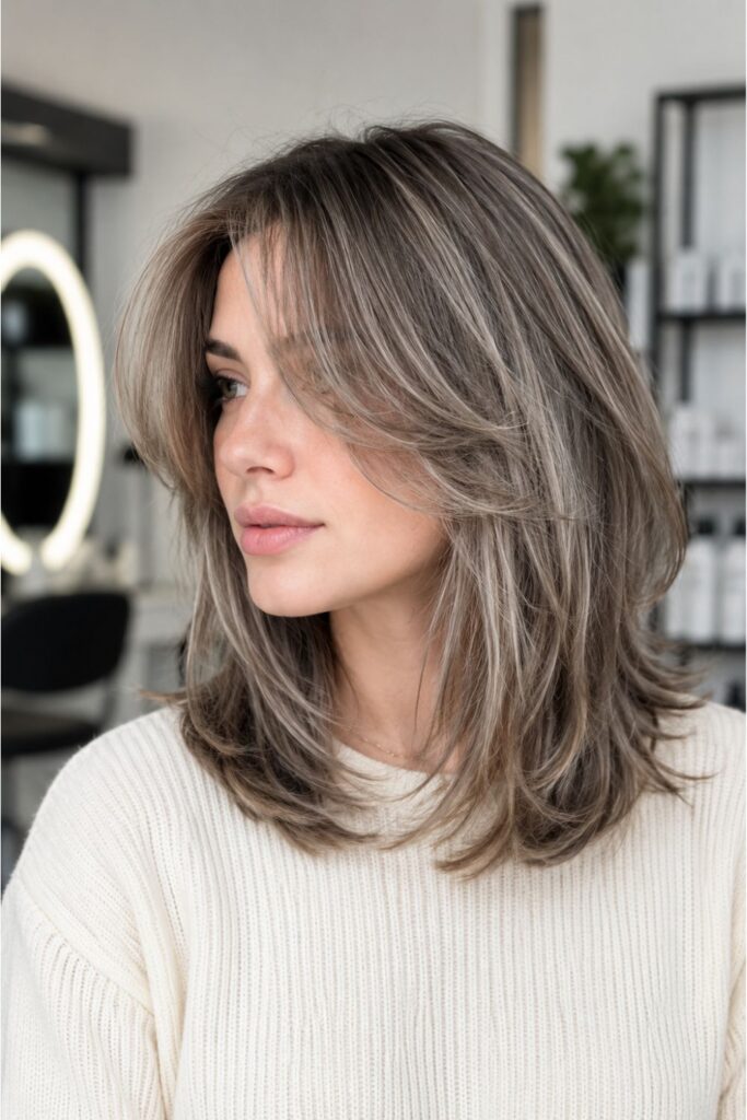 Woman with a shoulder-length kitty cut featuring soft gray layered hair, face-framing pieces, and natural salon volume.