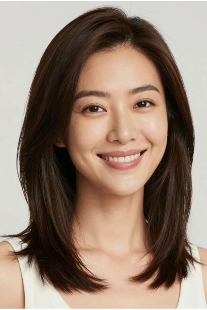 Woman with a shoulder-length octopus haircut featuring layered crown volume and practical everyday styling