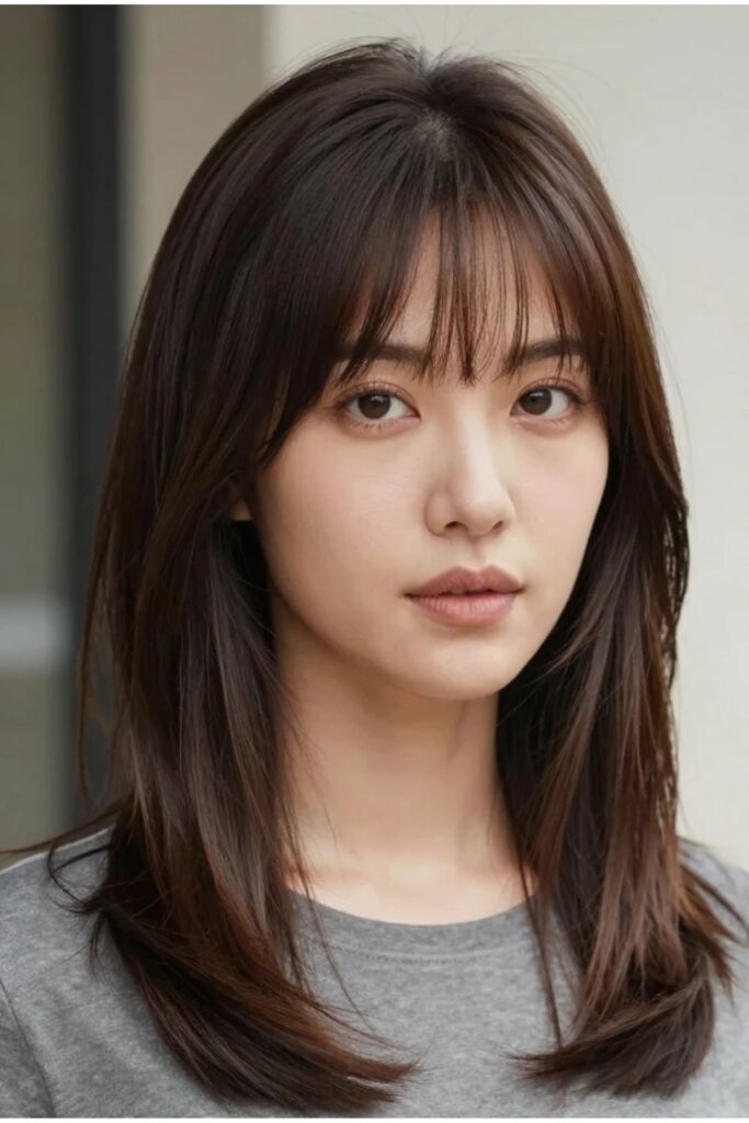 Woman with a side bang octopus haircut featuring side-swept bangs blending into layered hair