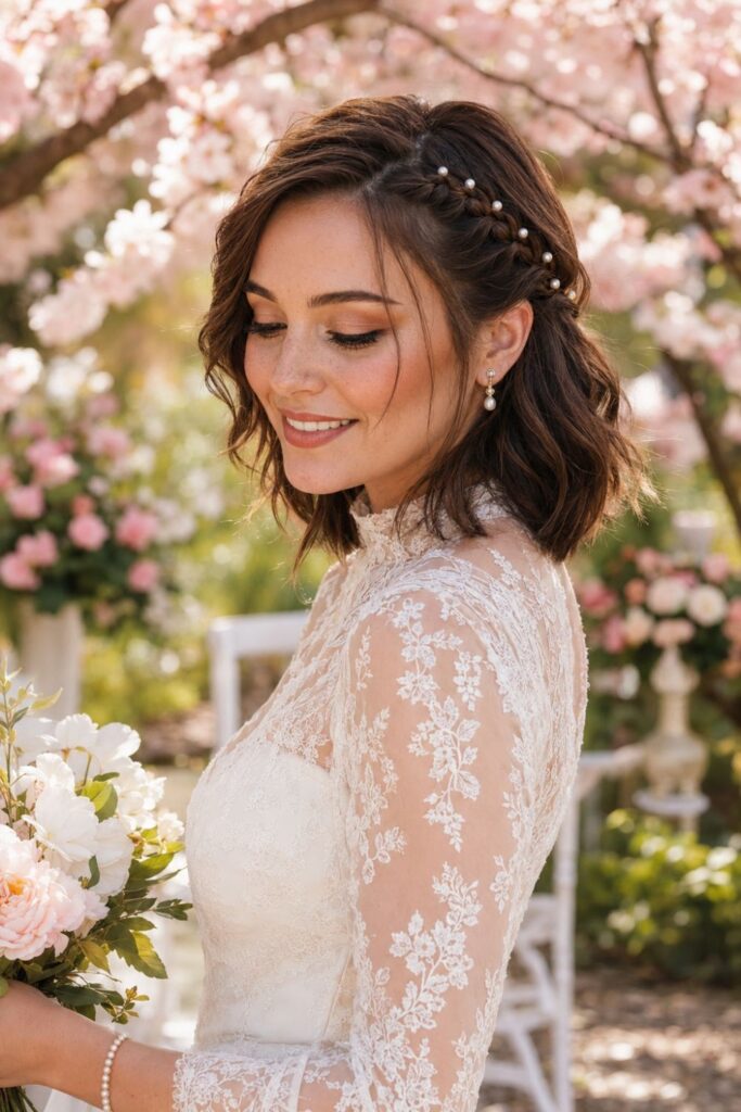 Bride with a side braid decorated with pearl pins flowing along one side of short hair