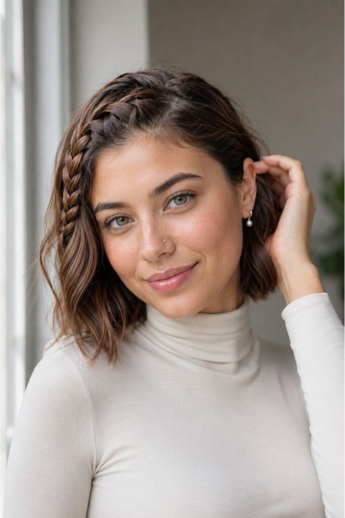 Woman with a side braided bob featuring one thick face-framing braid and loose soft waves