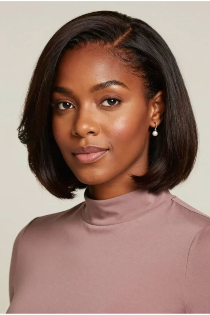 Side-part bob hairstyle for Black women with a deep part creating natural volume and graceful sweep