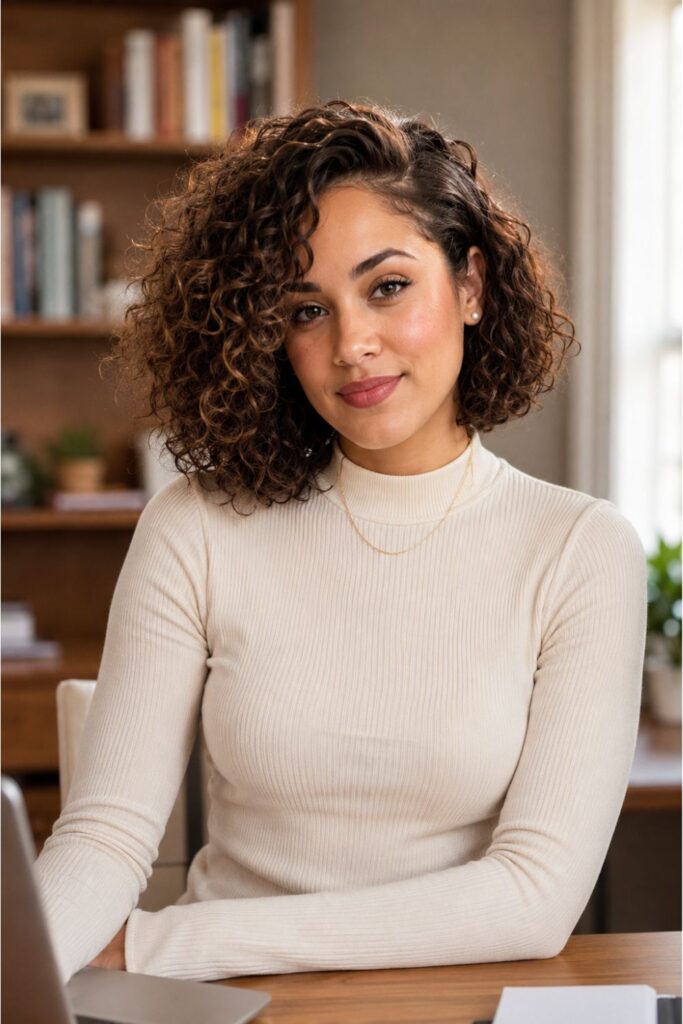 Woman with a side-part curly bob featuring a deep side part creating natural volume lift on the heavier side