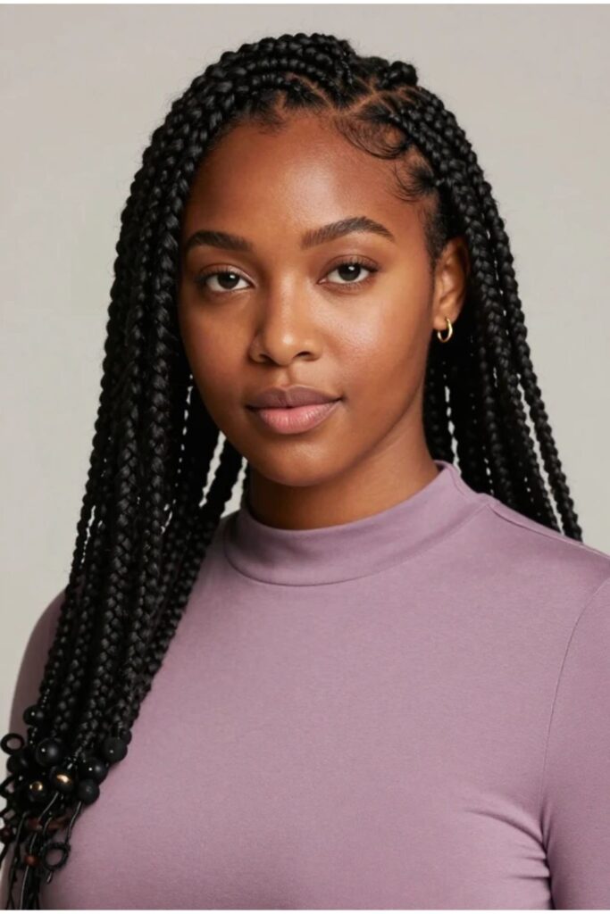 Woman with side part Fulani braids featuring a deep angled part and naturally sweeping braids