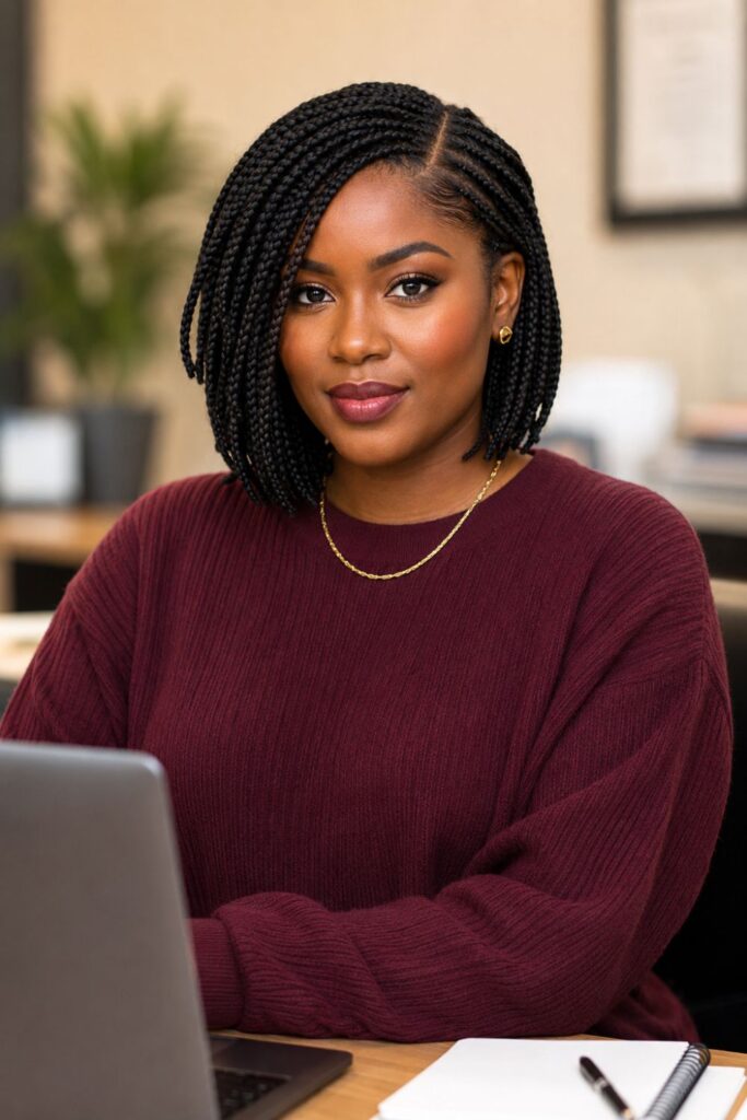 Black woman with side-part short box braids featuring a deep side part creating volume on the heavier side