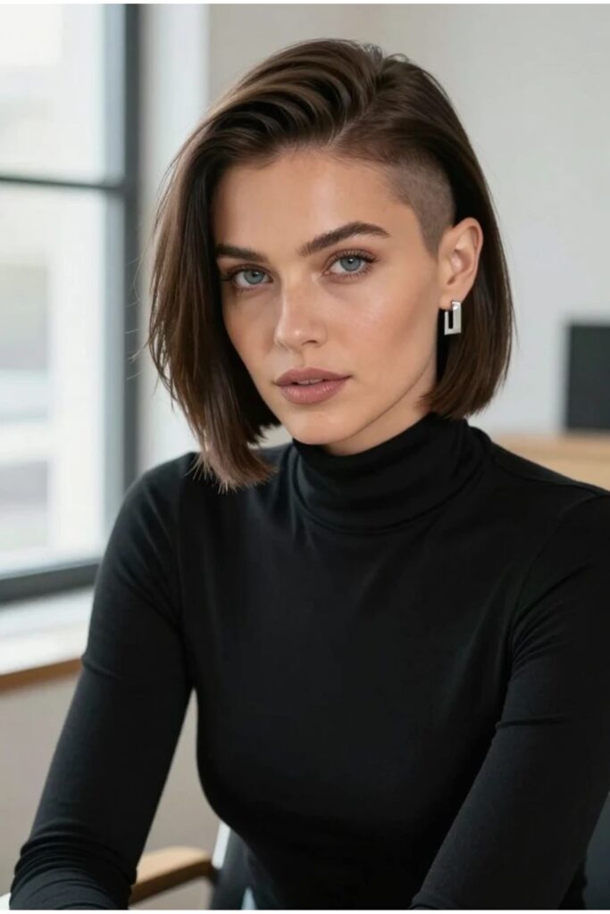 American woman with a side shaved bob featuring a sleek polished side contrasting a closely shaved side
