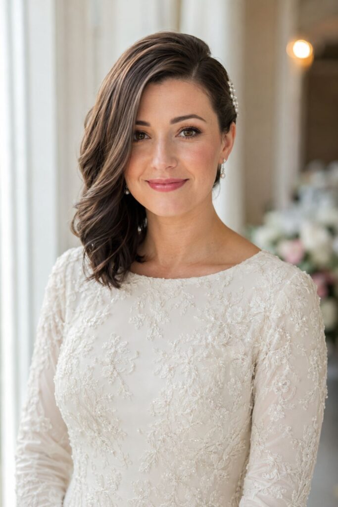 Bride with a side-swept bridal bob featuring a deep side part and smooth elegant movement