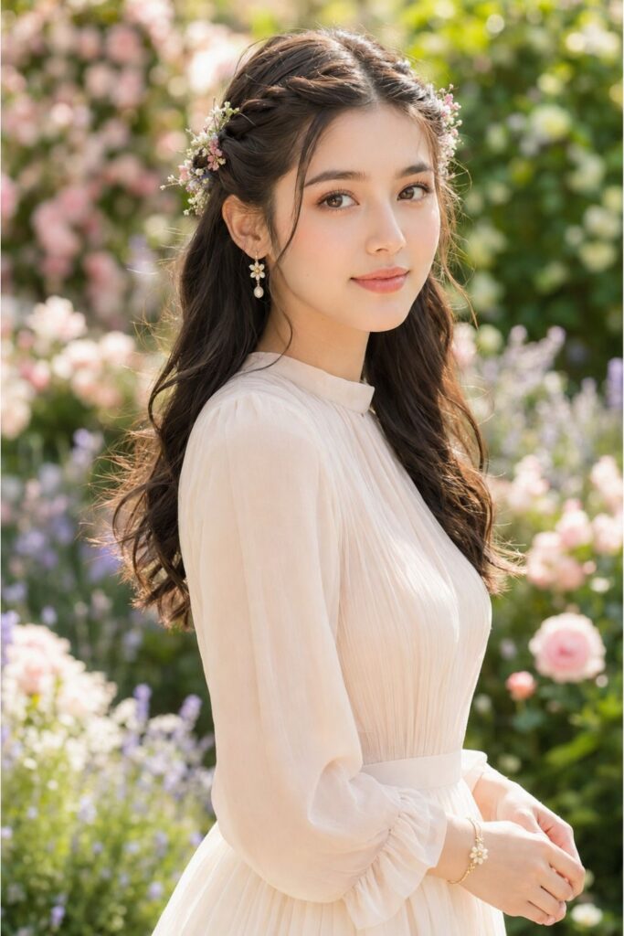 Bride with side twists decorated with delicate floral pins sweeping hair away from the face