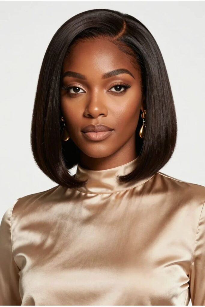 Silk press bob hairstyle for Black women with mirror-like shine and smooth lightweight finish
