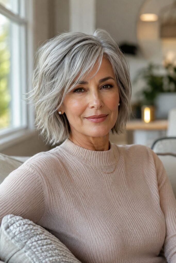 Mature American woman with a silver choppy bob featuring natural grey tones and modern textured layers
