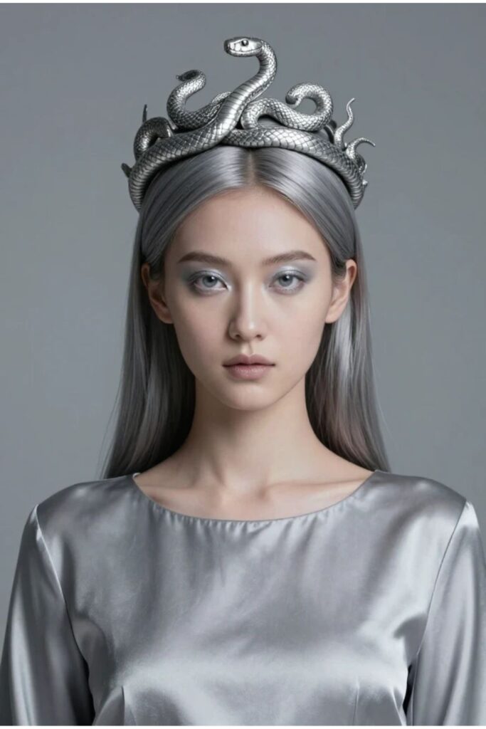 Woman with a silver snake crown featuring sleek straight hair and a detailed serpent headpiece