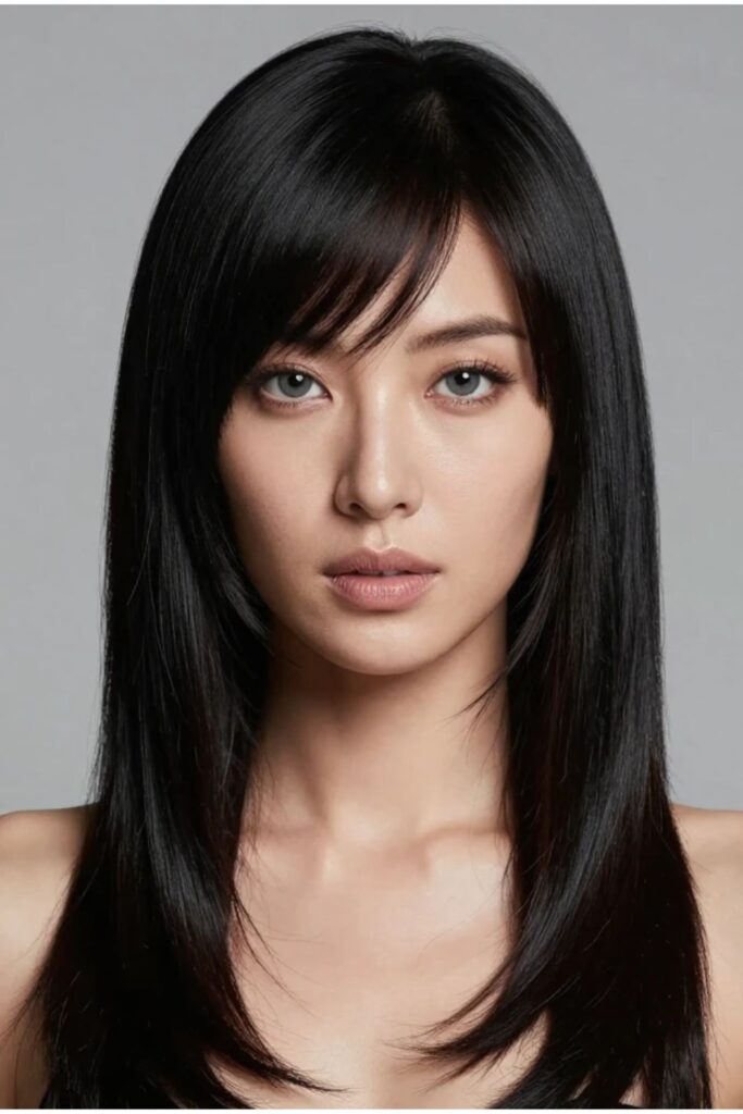 Woman with a sleek black layered octopus haircut featuring glossy dark tones and defined texture