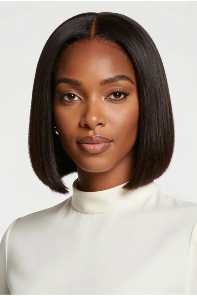 Sleek blunt bob hairstyle for Black women with sharp even ends and glossy polished finish