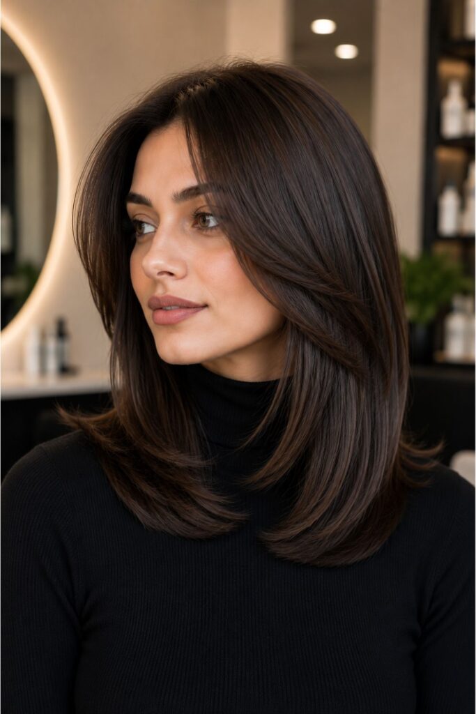 Woman with a sleek kitty cut featuring glossy espresso brown shoulder-length layers, soft face-framing pieces, and a smooth salon blowout.