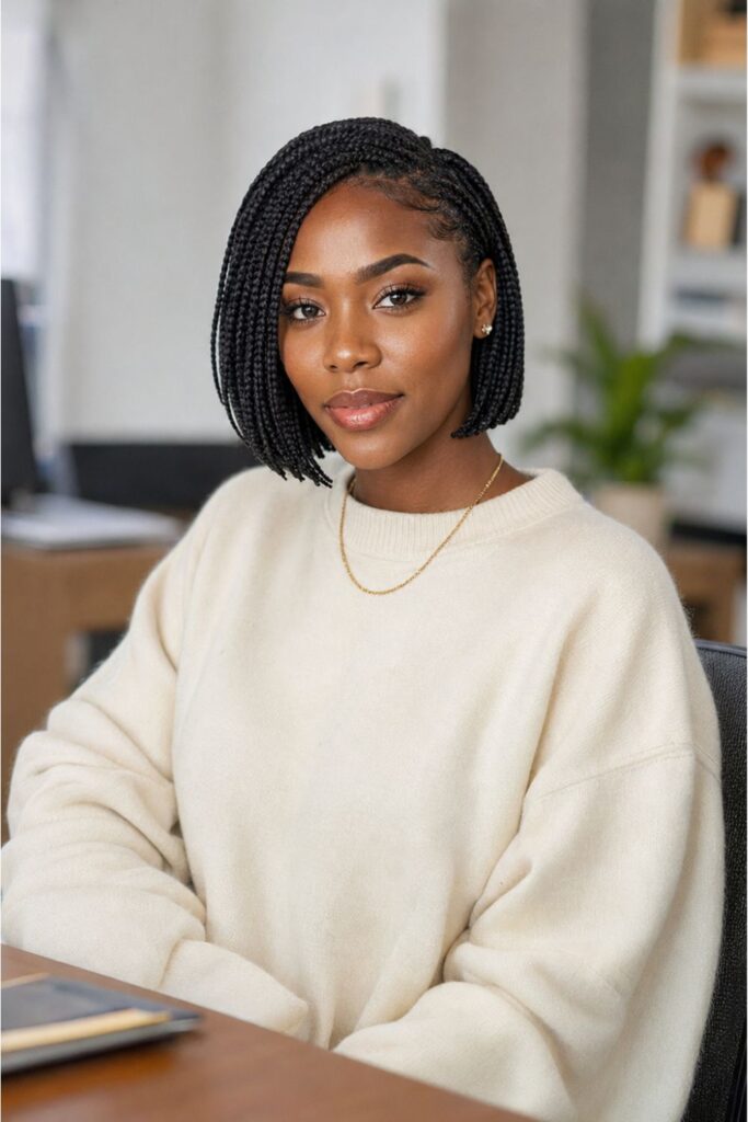 Black woman with a sleek short box braids bob featuring uniform neat braids with a precise polished bob outline