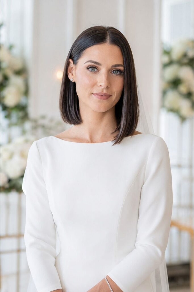 Bride with a sleek straight bob featuring glass-like shine and perfectly smooth straight ends