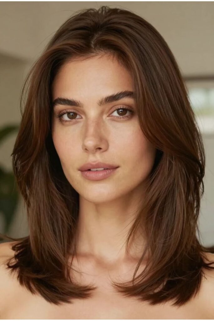 Woman with a soft brown layered octopus haircut featuring natural feathered layers and polished texture