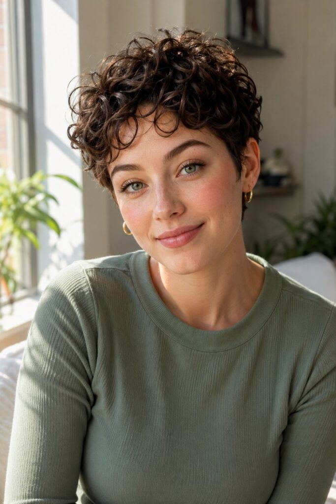 Woman with a soft curly pixie cut featuring longer bouncy curls on top and neatly trimmed sides