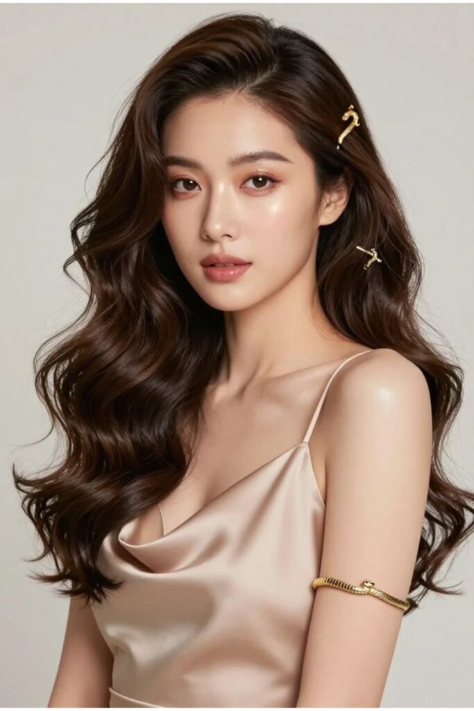 Woman with soft glam Medusa hair featuring loose glossy curls and delicate gold snake clips