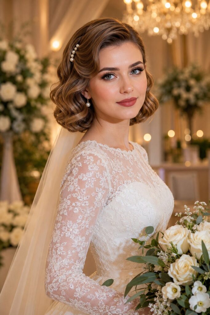 Bride with a soft Hollywood waves bob featuring polished classic waves and delicate pearl pins
