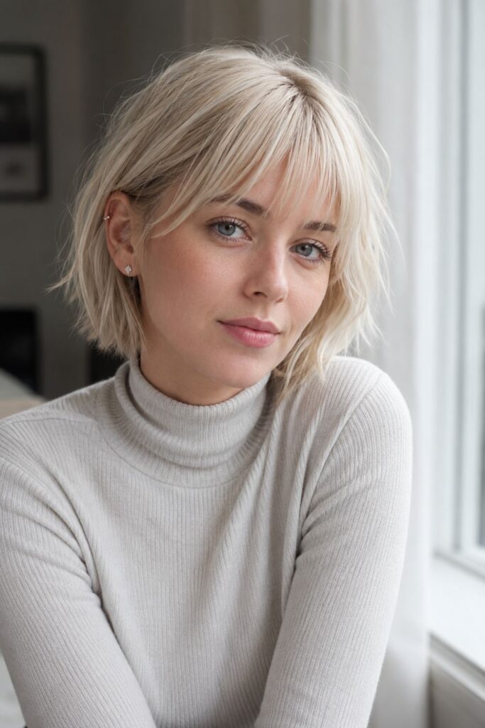 Woman with a soft platinum choppy bob featuring light feathered bangs and airy textured layers