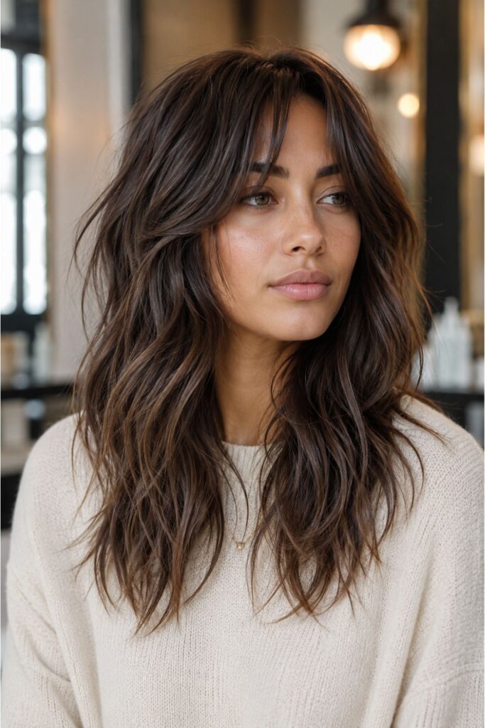 Woman with a soft shag haircut featuring curtain bangs and textured face-framing layers.