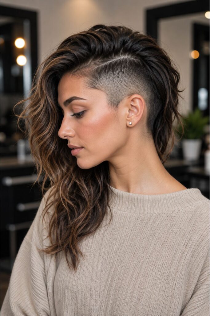 Woman with a soft wavy undercut hairstyle featuring loose brunette waves and a closely shaved side undercut